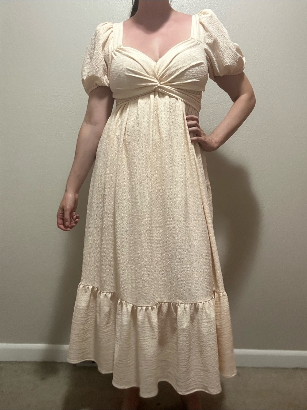 ASTR The Label Twist Bust Tie Back Puff Sleeve Midi Dress Cream Peach Medium